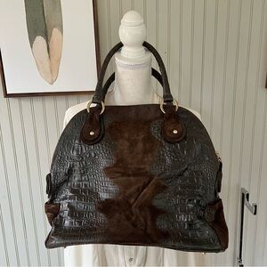 Onna Ehrlich Francoise Croco Brown Croc Embossed Suede Leather Tote Handbag Luxe